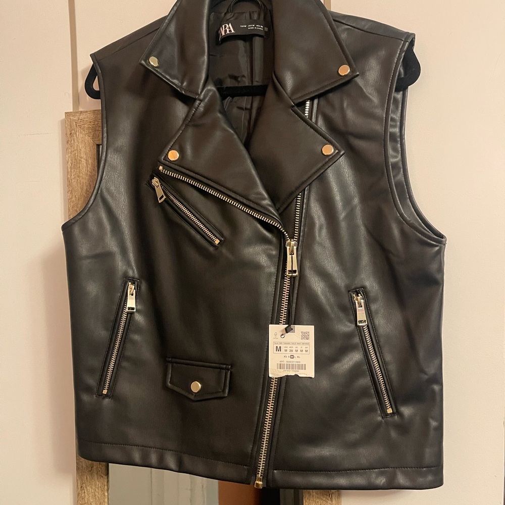 Black Faux Leather Vest with Gold Accents